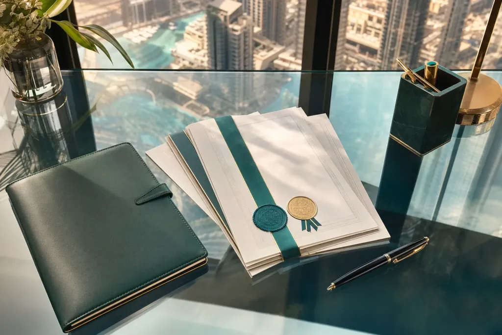 Official certificate documents arranged on a Dubai office desk with embossed embassy seals and a fountain pen