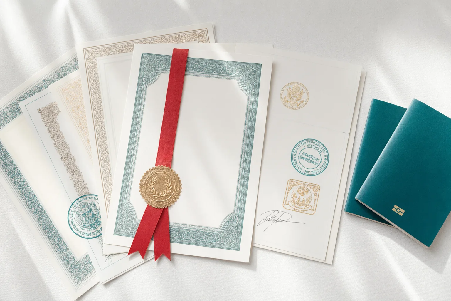 Official certificate documents being arranged with embassy stamps and seals