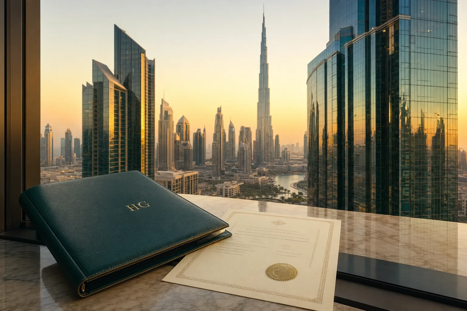 Modern Dubai high-rise office at golden hour with a leather portfolio and an attested certificate on a marble ledge